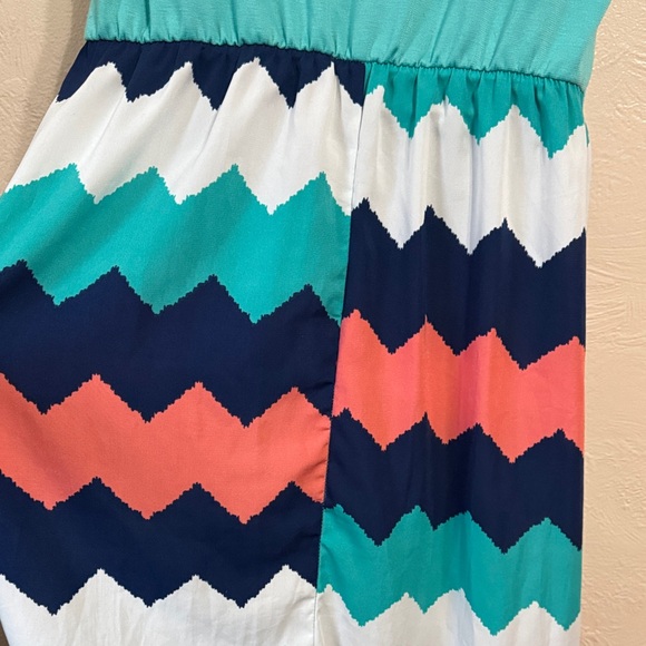 Chevron Pattern Maxi Dress - Teal, Coral, Navy - Picture 9 of 11